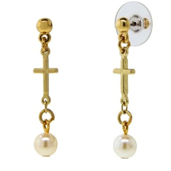 1928 Jewelry - 1928 JEWELRY SYMBOLS OF FAITH 14KT GP Cross & Pearl Drop Earrings**NEW!